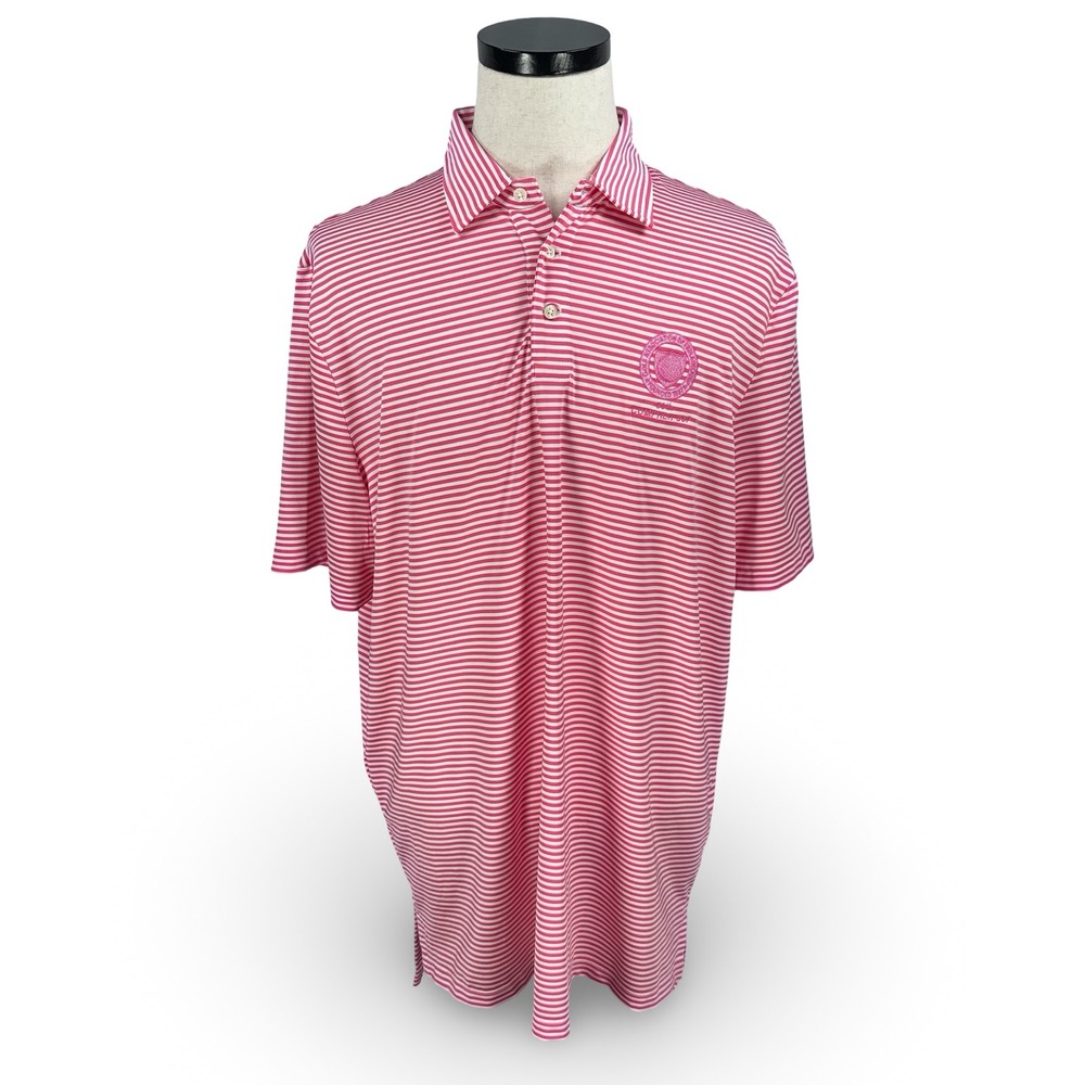 RLX Ralph Lauren Mens XL Pink White Striped Golf Polo 50th Compher Cup GAP Logo